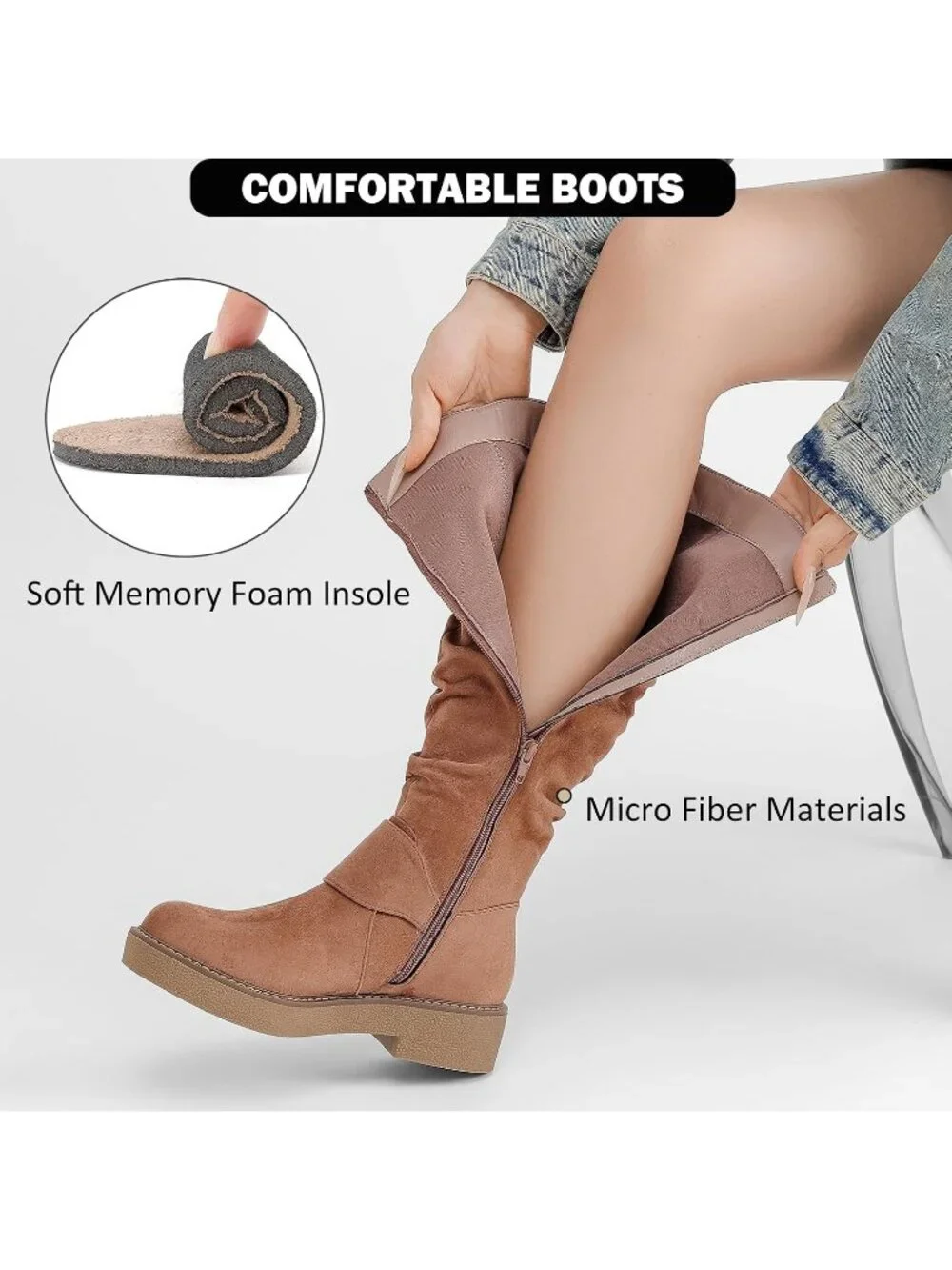 Women's Tan Casual Platform Slouchy Side Zipper Comfort Round Toe Knee High Boot